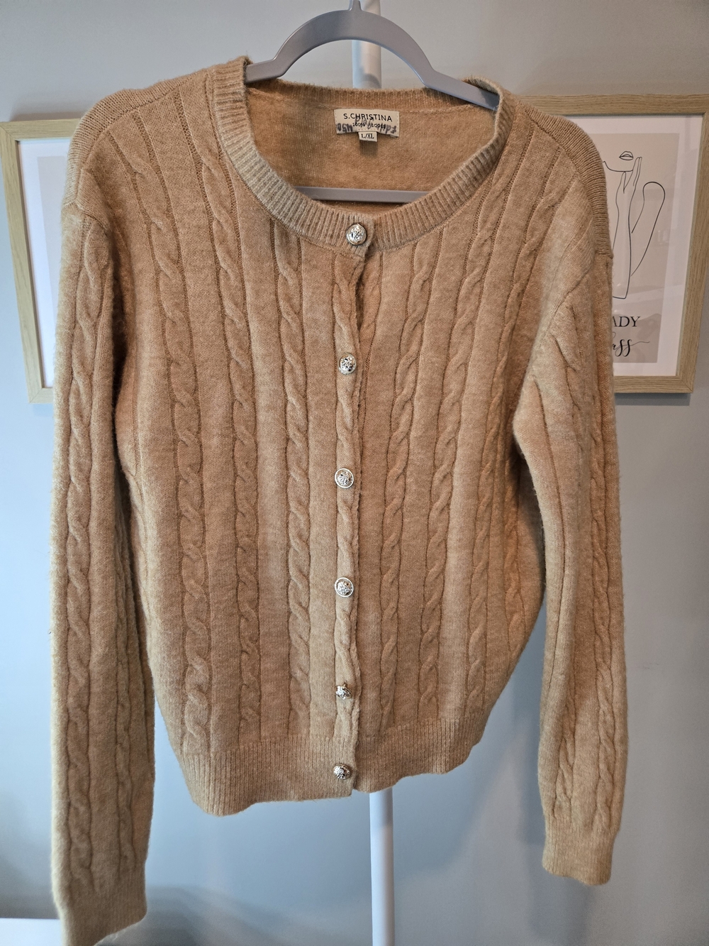 Christina Camel Cable Knit 100% Viscose Button-Front Women's Cardigan  Sweater